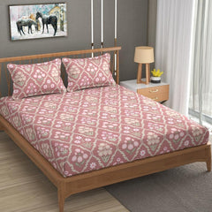 Cotton Elastic Fitted Printed Queen Size Double Bed Bedsheet With 2 Pillow Cover | 60 X 78 Inches, Pink - Soft Touch, Wrinkle Resistant, Skin Friendly