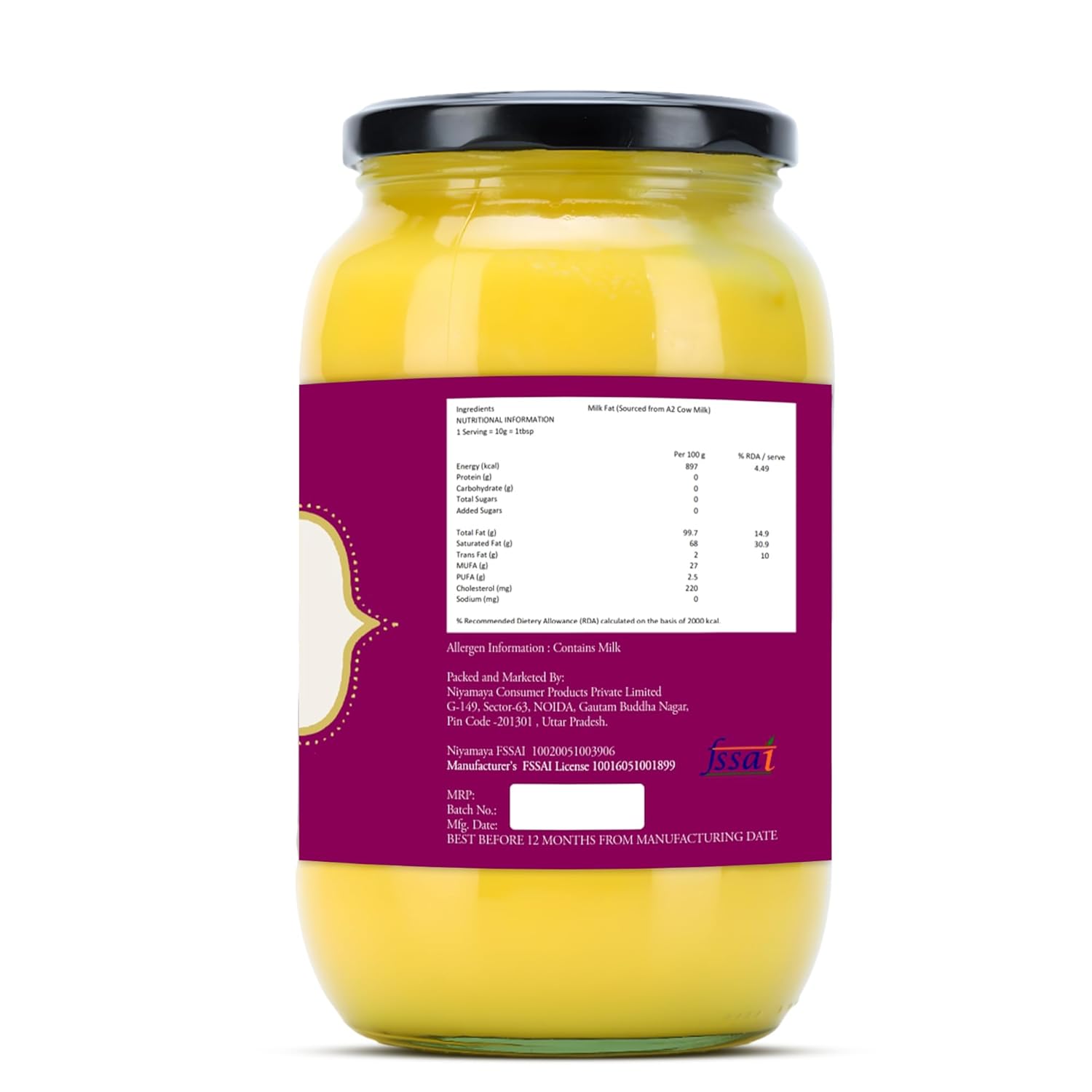 Natural A2 Desi Cow Ghee By Niyamaya | Perfect Aroma & Danedar Cultured Desi Cow Ghee For Weight Management | (500ml) 16.9 Ounce | Jar Pack