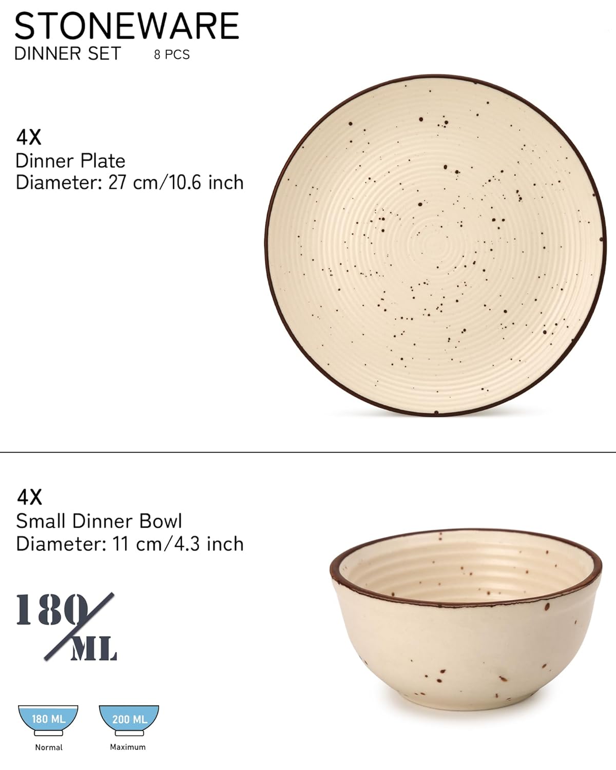 Ceramic Solid Dinner Set Of 4 - Pack Of 8 Pcs, Beige | 4 Dinner Plates, 10.6 Inch + 4 Bowl Or Katoris, 4.3 Inch, 180ml Each - Scratch Resistant, Microwave & Dishwasher Safe | Serving For 4