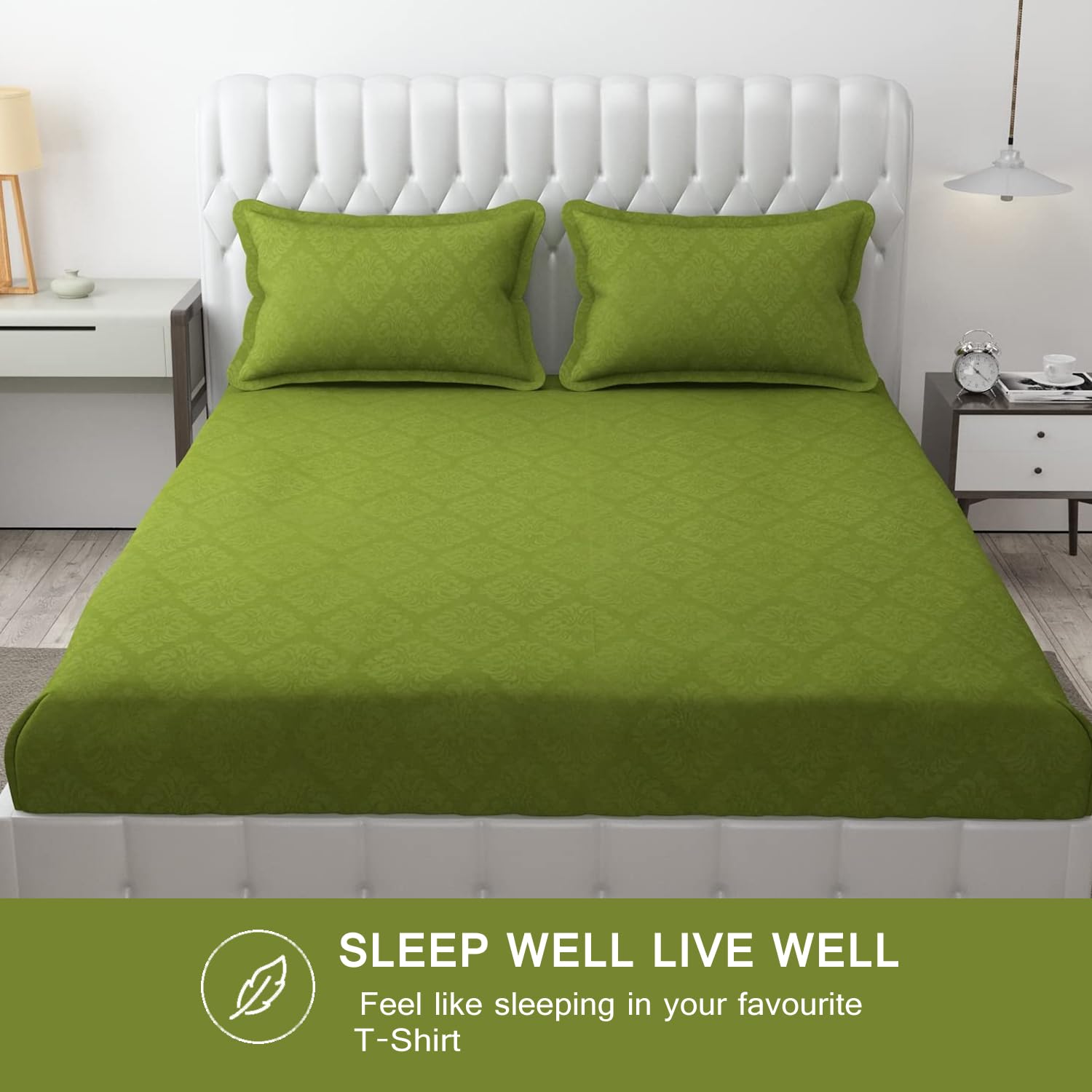 144 TC Rotary Printed King Size Bedsheet With 2 Pillow Covers - 90 X 95 Inches | Maximum Green, Damas Design Bedsheet | Machine Washable & Wrinkle Resistant