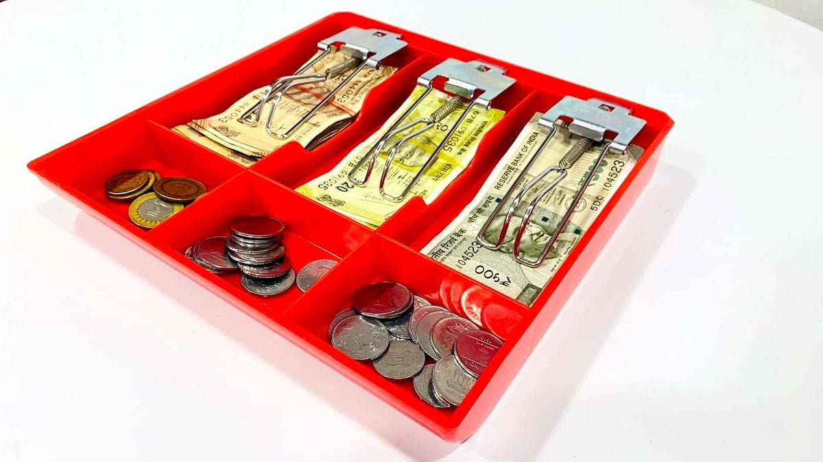 Abs Plastic Cash Drawer 3 Bills 3 Coins Abs Cashier Storage Box For Super Markets, Metal Clip, 9.6 X 9.6 X 1.4 Inch, Colour - Red