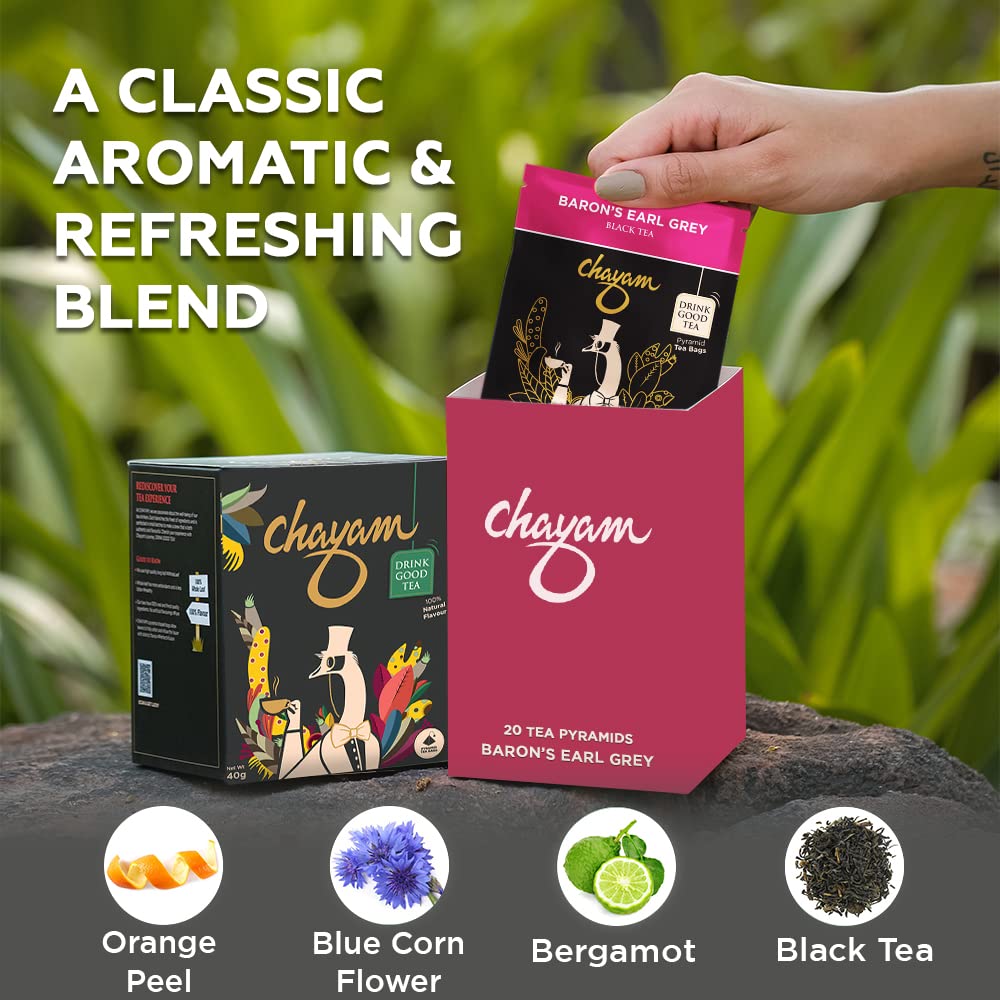Chayam Baron's Earl Grey Tea - 20 Pyramid Tea Bags | Citrusy Orange Peel & Blue Corn Flower - Make Hot Or Iced Tea | Low Caffeine, Antioxidant Rich