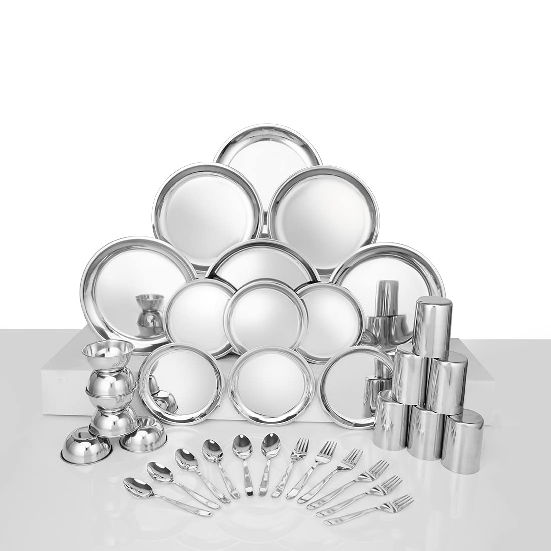 Stainless Steel Delight Solid Dinner Set Of 36 Pieces, Silver | 6 Dinner Plates+ 6 Side Plates+ 6 Glasses+ 6 Bowls+ 6 Dessert Spoons+ 6 Dessert Fork - Easy To Clean & Dishwasher Safe