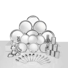 Stainless Steel Delight Solid Dinner Set Of 36 Pieces, Silver | 6 Dinner Plates+ 6 Side Plates+ 6 Glasses+ 6 Bowls+ 6 Dessert Spoons+ 6 Dessert Fork - Easy To Clean & Dishwasher Safe