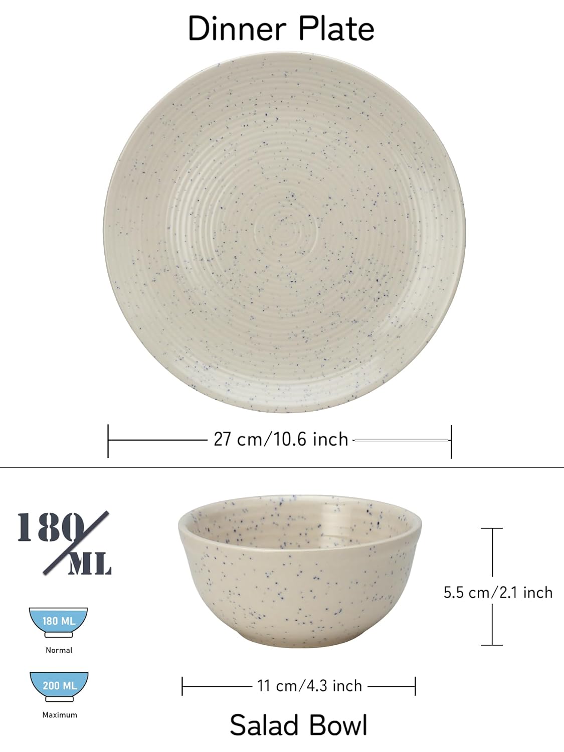 Hand Painted Stoneware Dinner Set Of 4 - Ceramic Pack Of 8 Pcs, Ivory White | 4 Dinner Plates + 4 Bowl Or Katori, 180ml Each - Microwave & Dishwasher Safe | Serving For 4