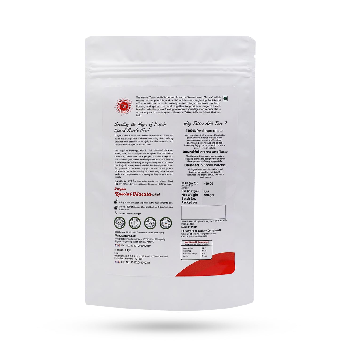 Tattva Adih Punjabi Special Masala Chai - 100gm, 3.5 Ounce, 50 Cups | CTC Blended With Punjabi Spices Premium Blend In Pouch Packaging - Low Caffeine