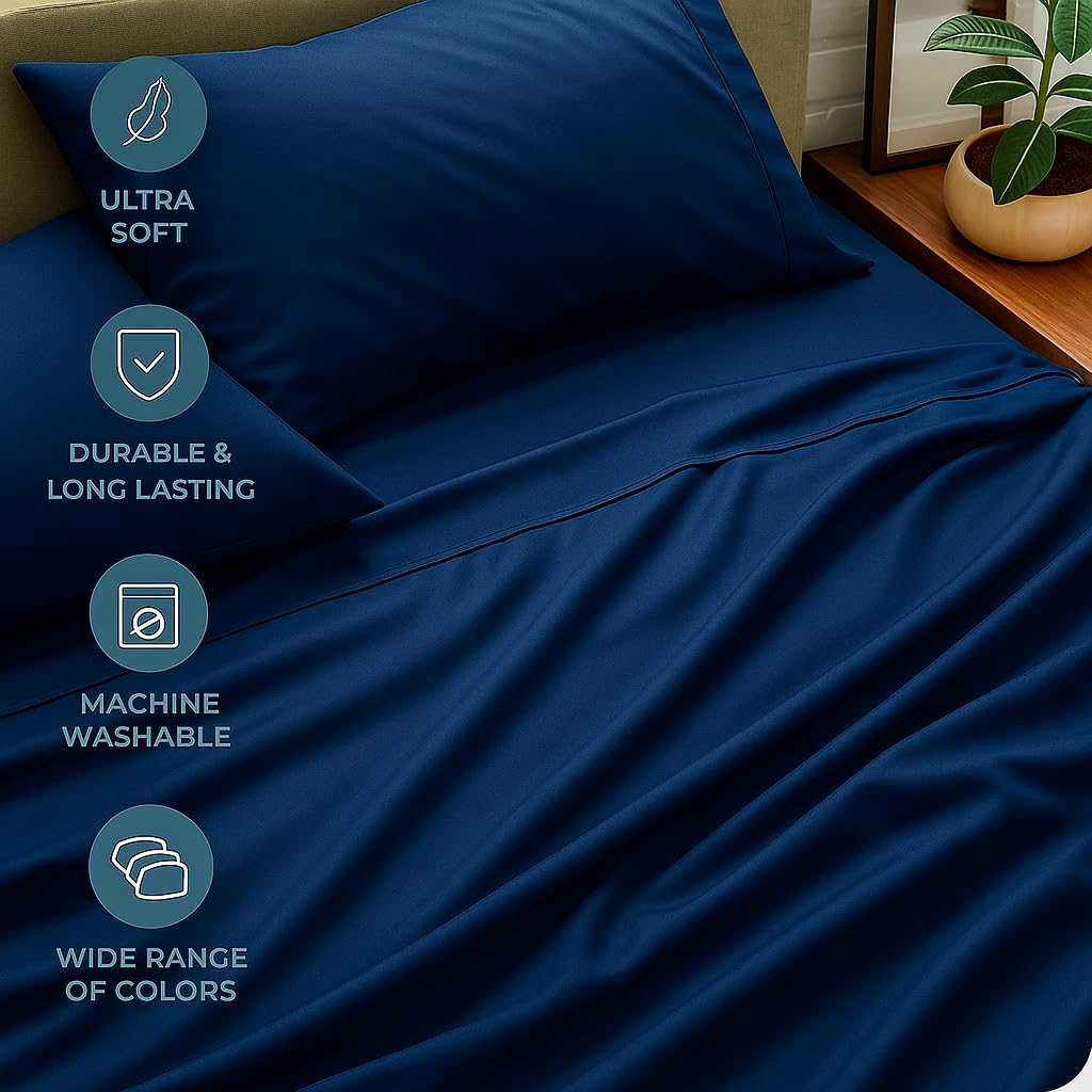 King Size Flat Sheet With 2 Pillow Covers - 108 X 108 Inches, Navy Blue | Soft, Breathable & Skin-Friendly Bedding For Daily Use | Machine Washable & Long-Lasting