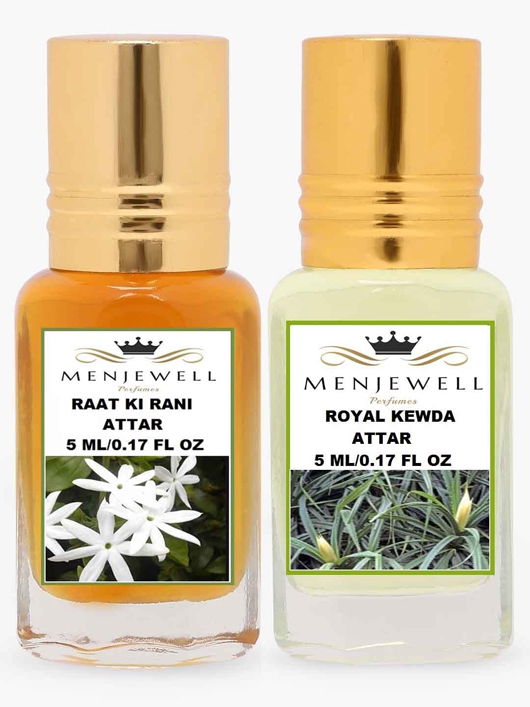 Menjewell Raat Ki Rani + Royal Kewda Attar 5ml 0.17 Fl.oz. Each Pack Of 2 Unisex Fragrance Alcohol Free | Long Lasting