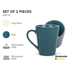 Large Ceramic Coffee Mug Set Of 2 - Teal Rim, 350ml Each | Teal Beauty Ceramic Mug - Tea Mug With Glossy Finish | Mug For Coffee - Ceramic Coffee Mug | Stoneware Coffee Cup - Microwave Safe