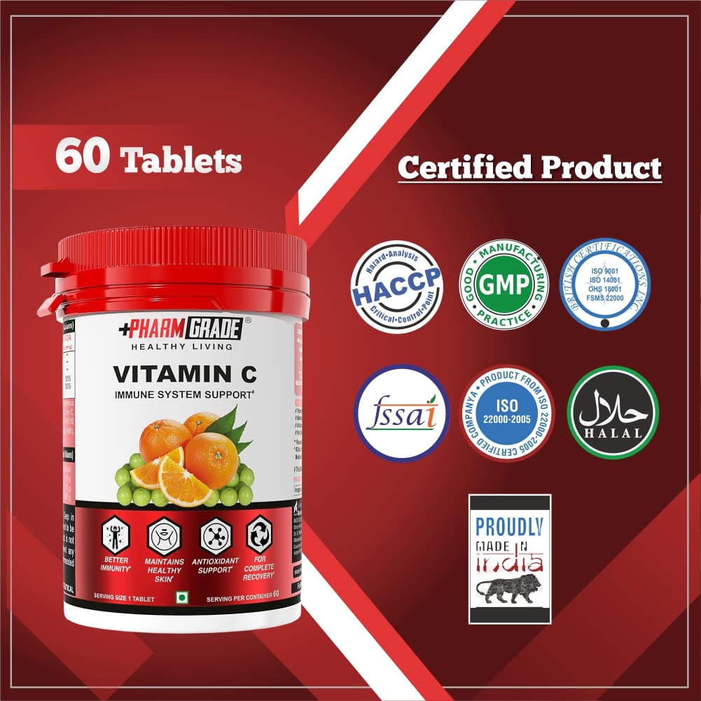 Pharmgrade Healthy Living Vitamin C , Natural Fruits Immunity Supplement For Men & Women , Antioxidants Skincare , Immunity Booster, Orange Peel | 60 Tablets , 100gm 0.2lbs , Each Pack Of 2