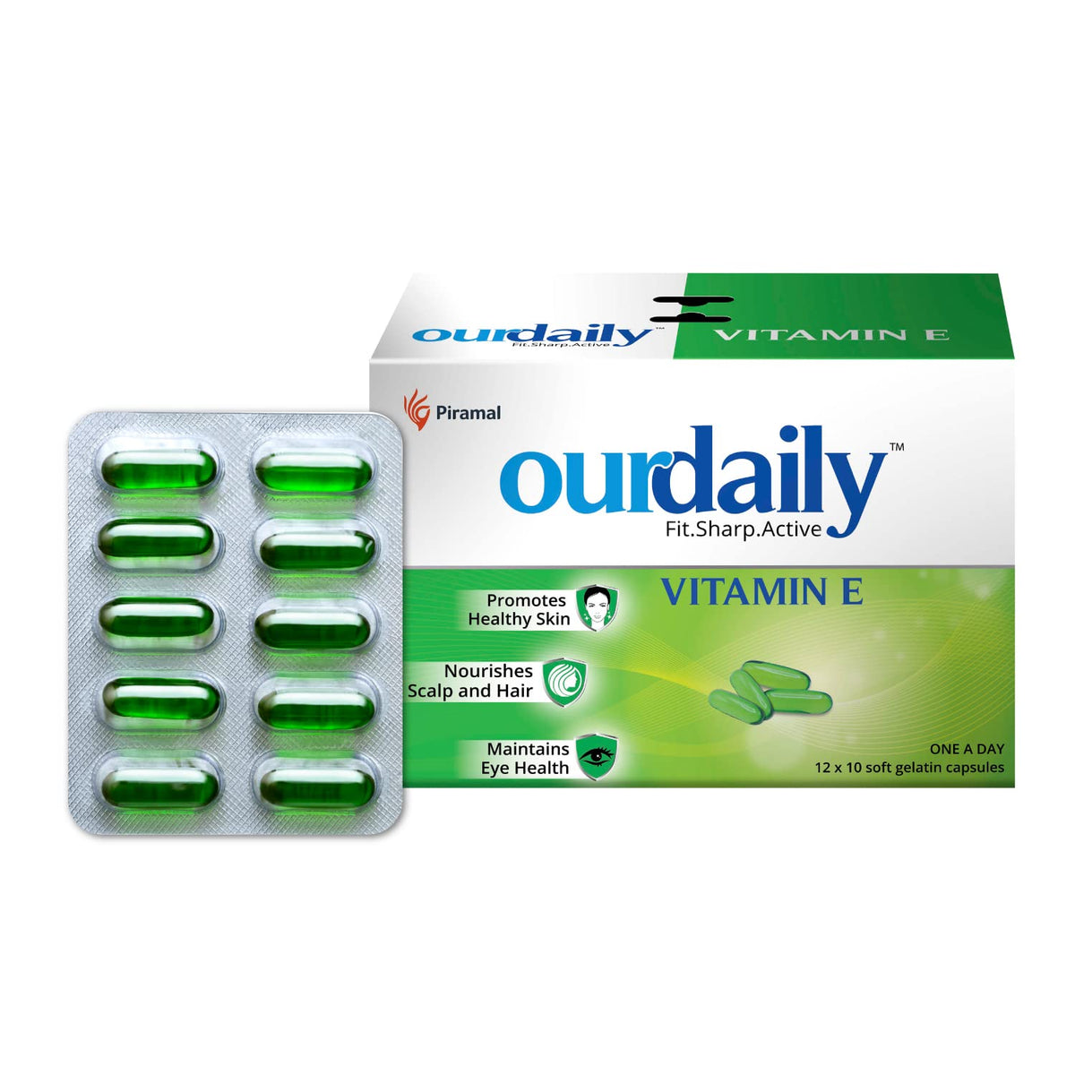 Ourdaily Vitamin E Capsules For Face & Hair By Piramal | 400mg 120 Capsules , 12 Strips , Vitamin E Tablet For Beautiful Glowing Face, Healthly Skin, Hair & Eyes Nutrition | 1000gm 2.2lbs