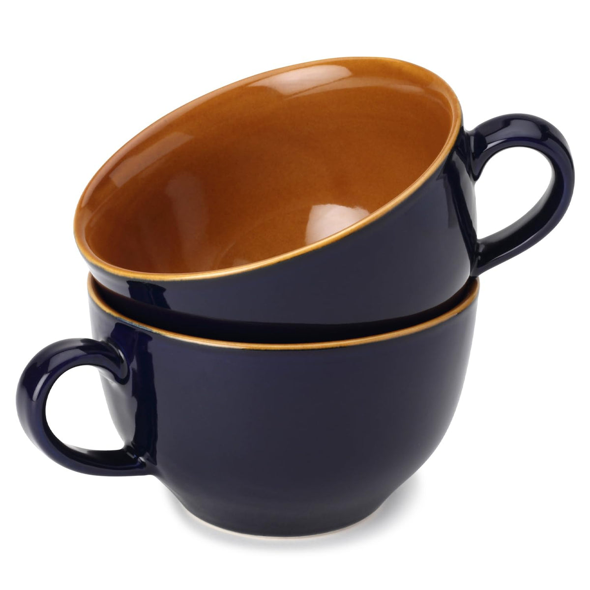 Ceramic Soup & Coffee Wide Large Mug With Handle - Set Of 2, 350ml Each, Royal Blue | Bone Ash Free & Microwave Safe - Cup For Maggi, Cappuccino, Latte, Green Tea - Glossy Finish