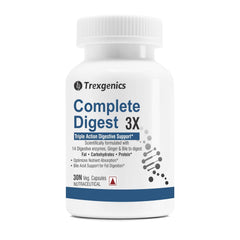 Trexgenics Complete Digest 3x, Triple Action Digestive Support For Fat, Carbohydrates & Protein, Lactose & Fibers With 14 Enzymes, Ginger & Bile Cholic Acid | 30 Capsules, 50gm 0.12lbs