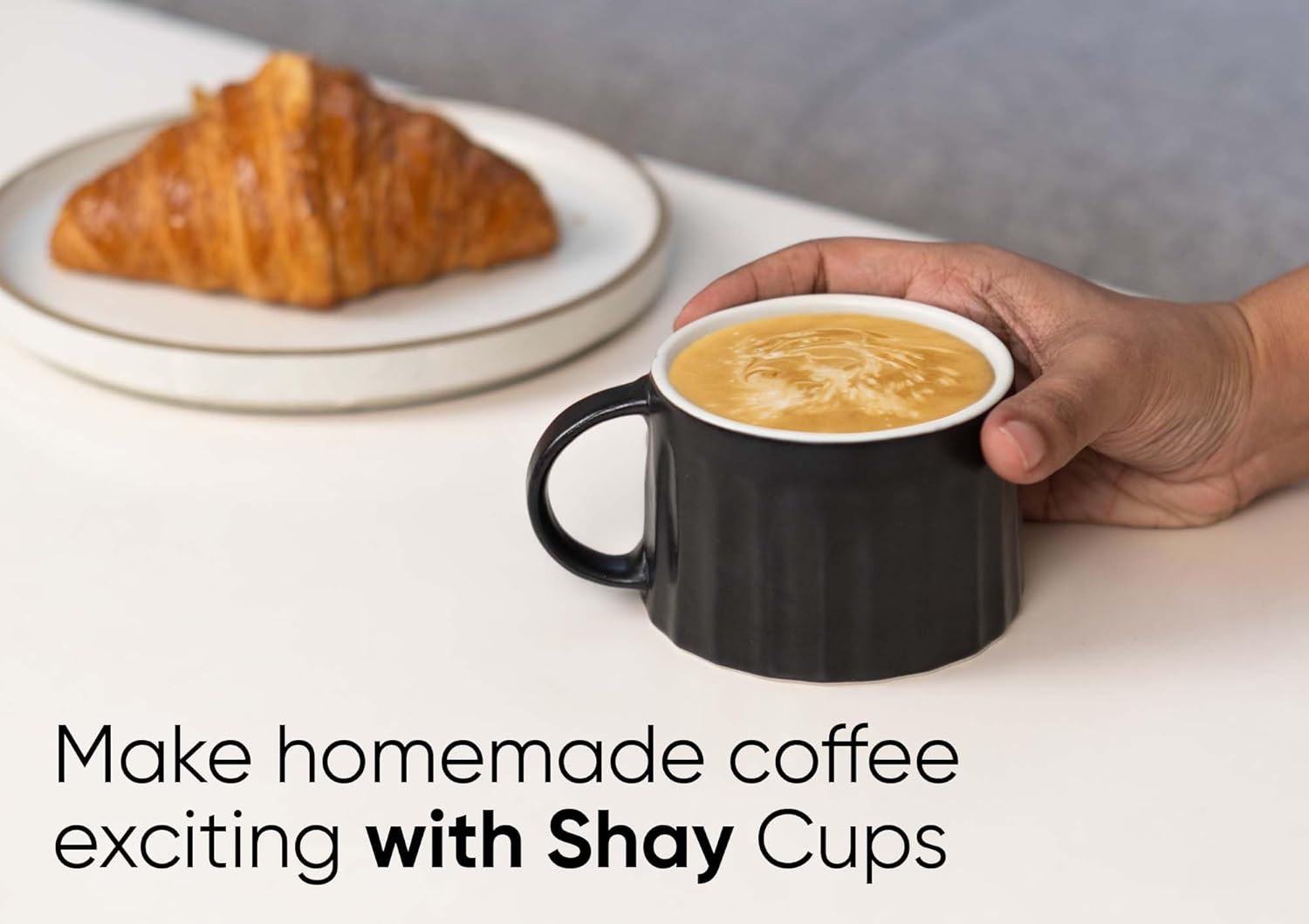 Ceramic Line Cappuccino Cup Set Of 2 - Black, 300ml Each | Coffee Cup With Matte Finish | Large Cup For Coffee - Ceramic Cup | Premium Stoneware Coffee Cup - Microwave Safe & Dishwasher Safe