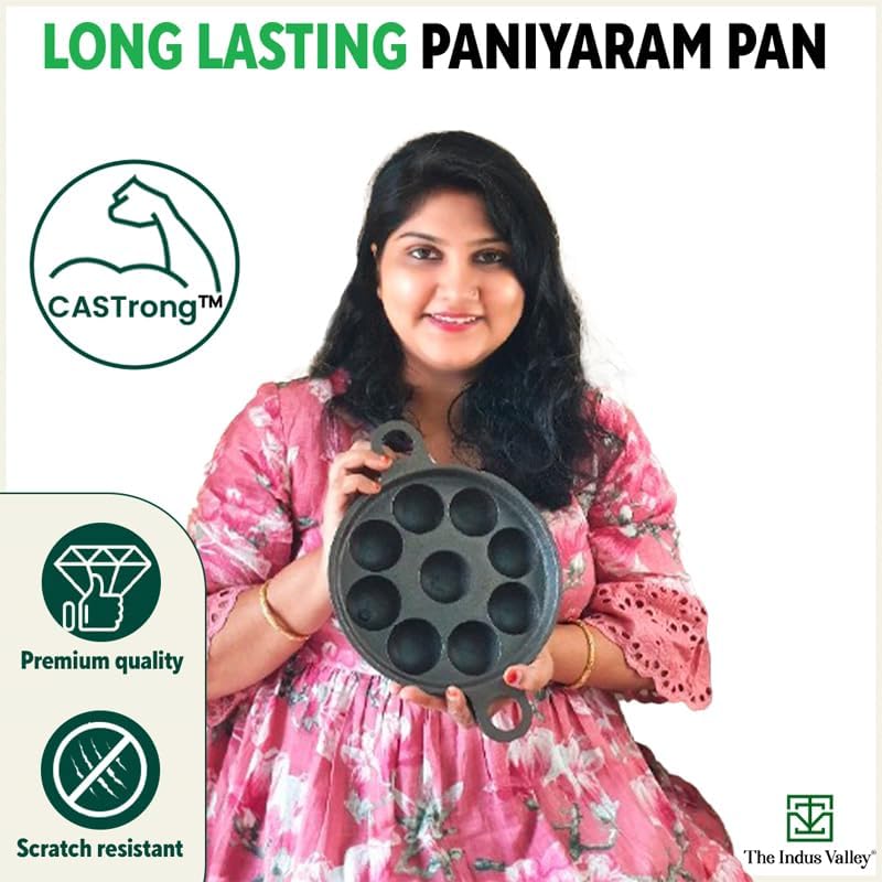 Super Smooth Black Cast Iron Paniyaram Pan With Free Wooden Picker - 9 Pit, 8.2 Inch, 20.8 Cm, 2.7 Kg | Induction Friendly, Pre-Seasoned Paddu Pan, 100% Pure & Toxin-Free, No Chemical Coating