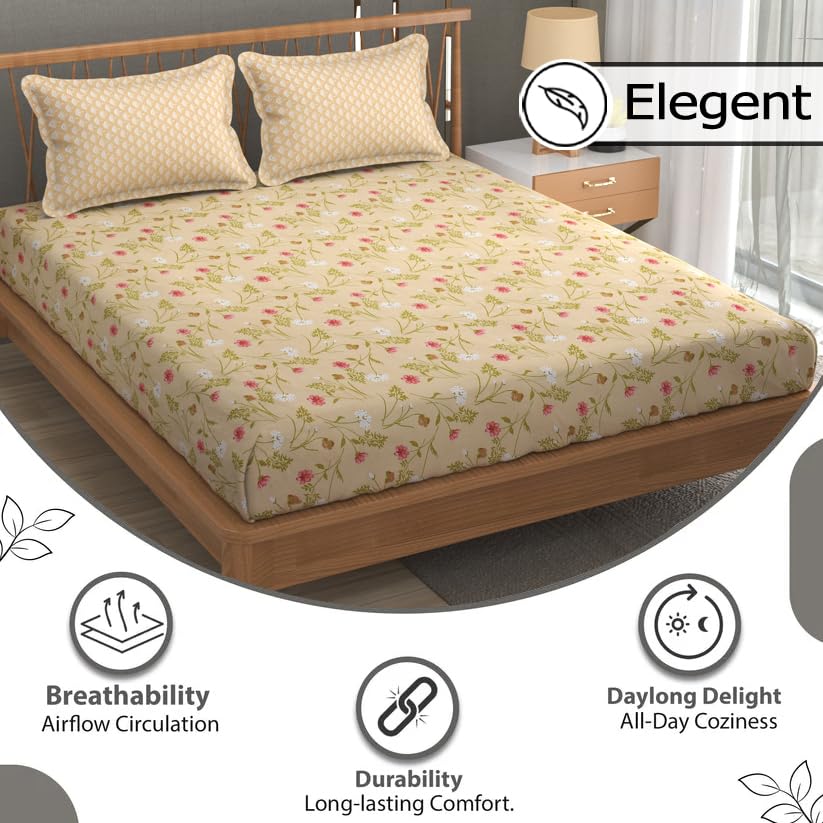 Printed King Size Bedsheet With 2 Pillow Cover - 108 X 108 Inches, Cream | Double Bed Breathable & Wrinkle Free | All-Season Comfort Bedsheet