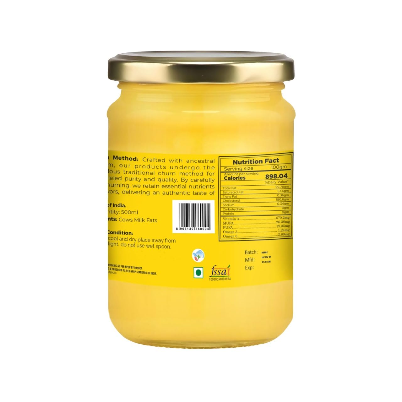 Organic A2 Cow Ghee By Rootstock Because U Live Long | Rich In Nutrients Churned From Vedia Bilona Method Grass-Fed Homemade Cow Ghee | (500ml) 16.9 Ounce | Jar Pack