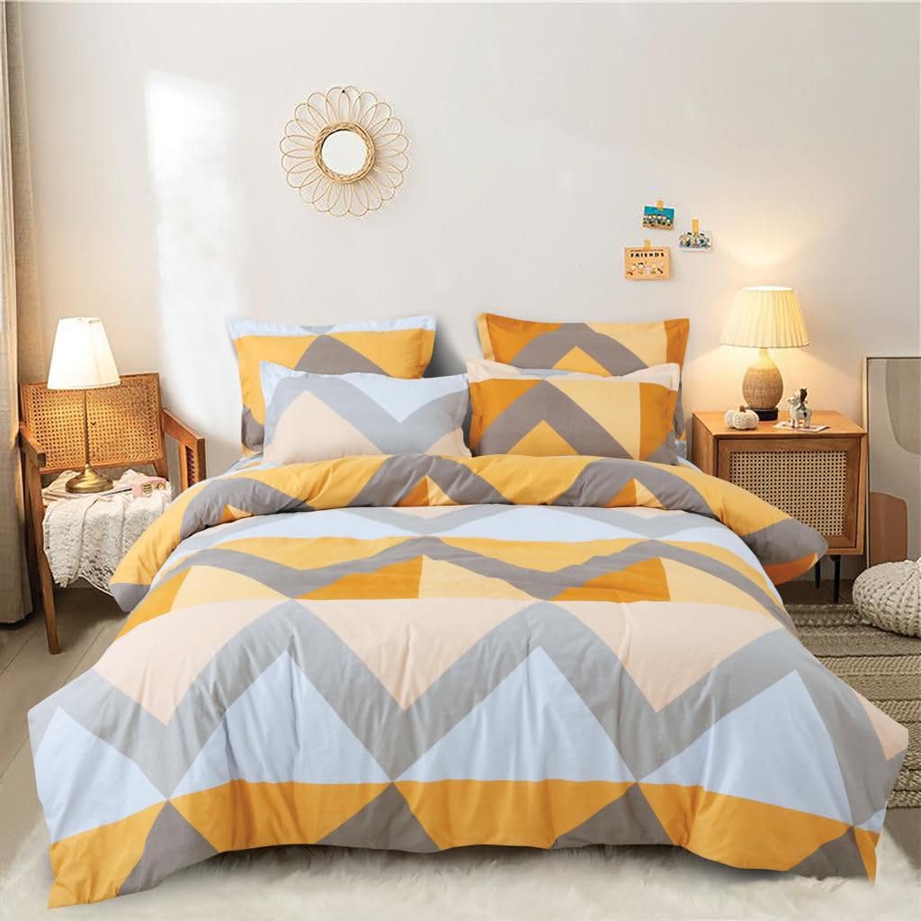 Double Bedsheet For King Size With 2 Pillow Cover + Comforter (72 X 78 Inches, Yellow & White) | Super Soft Glace Cotton Elastic Fitted All Around | Soft To Touch & Light Weight