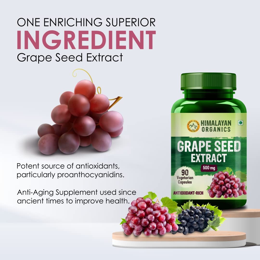 Himalayan Organics Grape Seed Extract 500mg Antioxidant Supplement, Healthy Cholesterol Level Boost Immunity, Promote Healthy Hair & Skin | 90 Veg Capsules 150gm 0.3lbs Each Pack Of 3