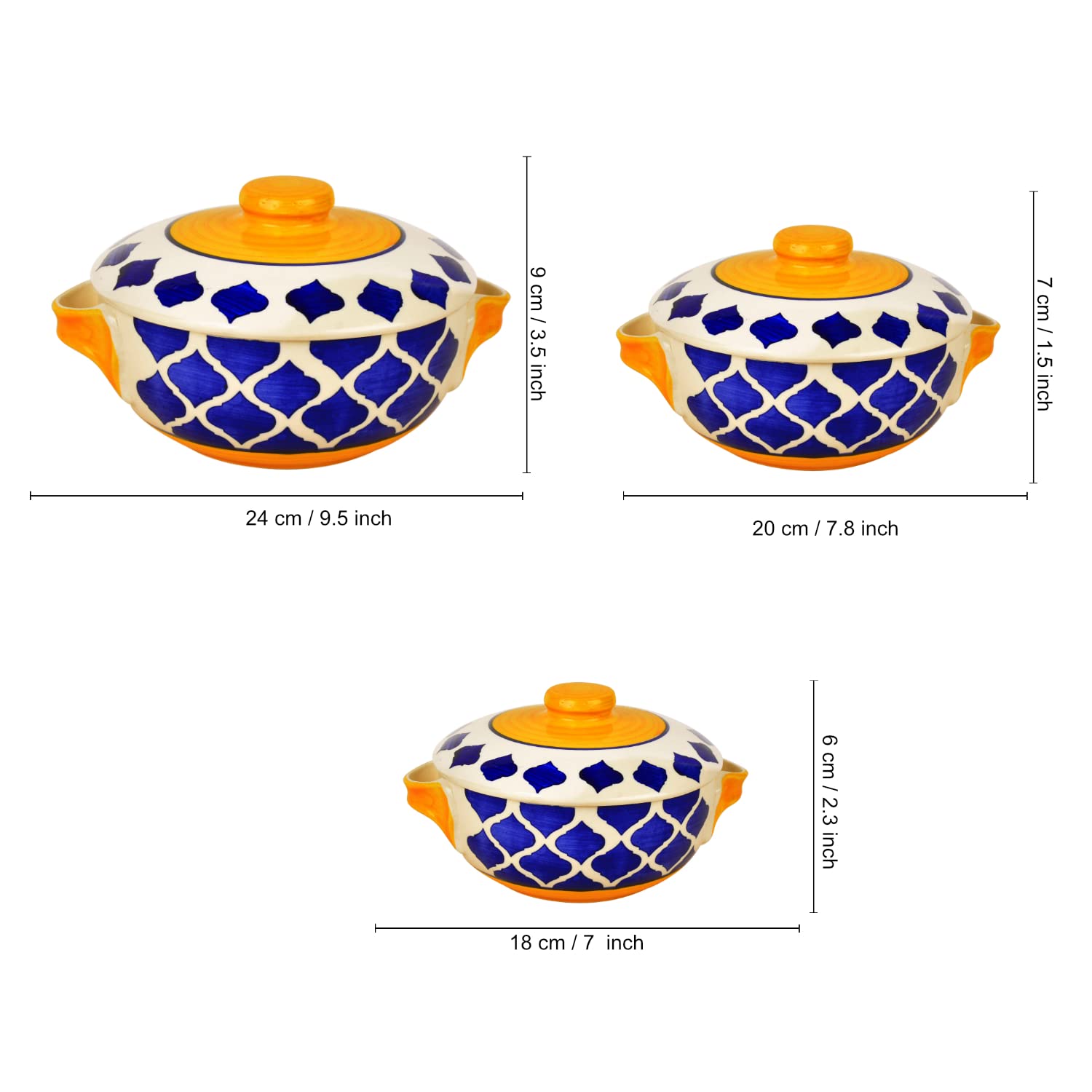 Hand Painted Large Ceramic Serving Donga Set With Lid & Handle Set Of 3 - Blue & Yellow, 1200ml, 1000ml & 800ml | Casserole Set - Dinner Serving Bowls With Lid