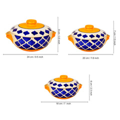 Hand Painted Large Ceramic Serving Donga Set With Lid & Handle Set Of 3 - Blue & Yellow, 1200ml, 1000ml & 800ml | Casserole Set - Dinner Serving Bowls With Lid