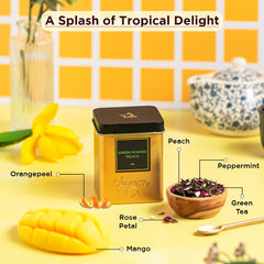 Chayam Mango Peach Green Tea - 50gm Tin, 1.7 Ounce | Exotic Blend With Peppermint & Rose Petals - Brew Hot Or Cold | Low Caffeine - Refreshing & Aromatic Green Tea