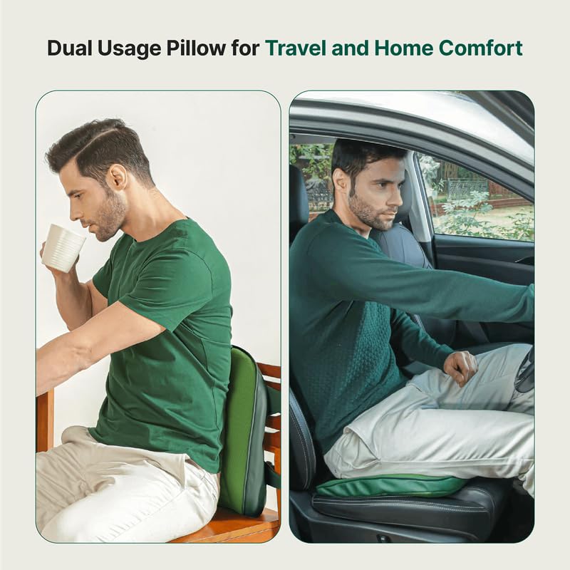 Orthopaedic Premium Memory Foam Pillow, Lumbar Chair Seat Cushion, Green - 14 L X 10 W X 2.5 H Inch | Multiples Uses, Portable, Removable Cover, Safe & Therapeutic Comfortable Pillow