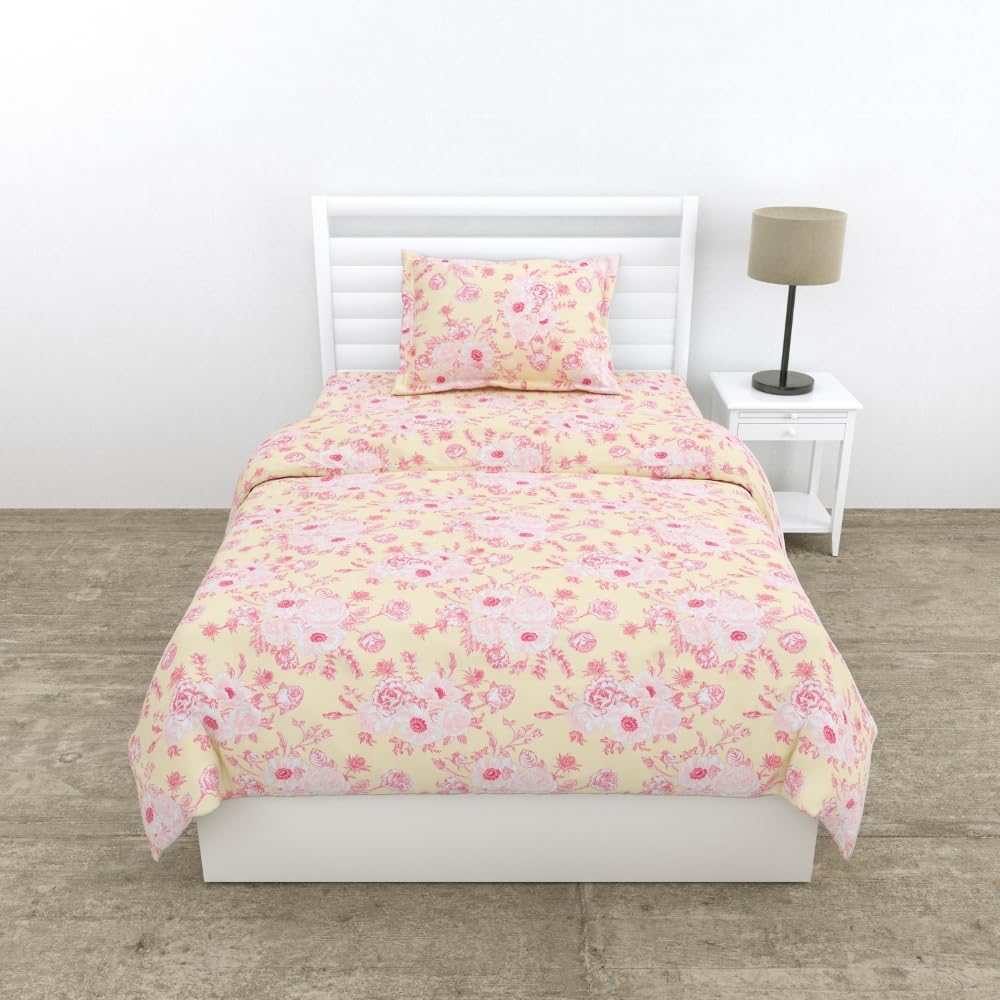 Small Single Bedsheet With 1 Pillow Cover - 57 X 88 Inches, Cream & Pink | Bedding Set Lightweight Breathable | Wrinkle-Resistant & Smooth Finish