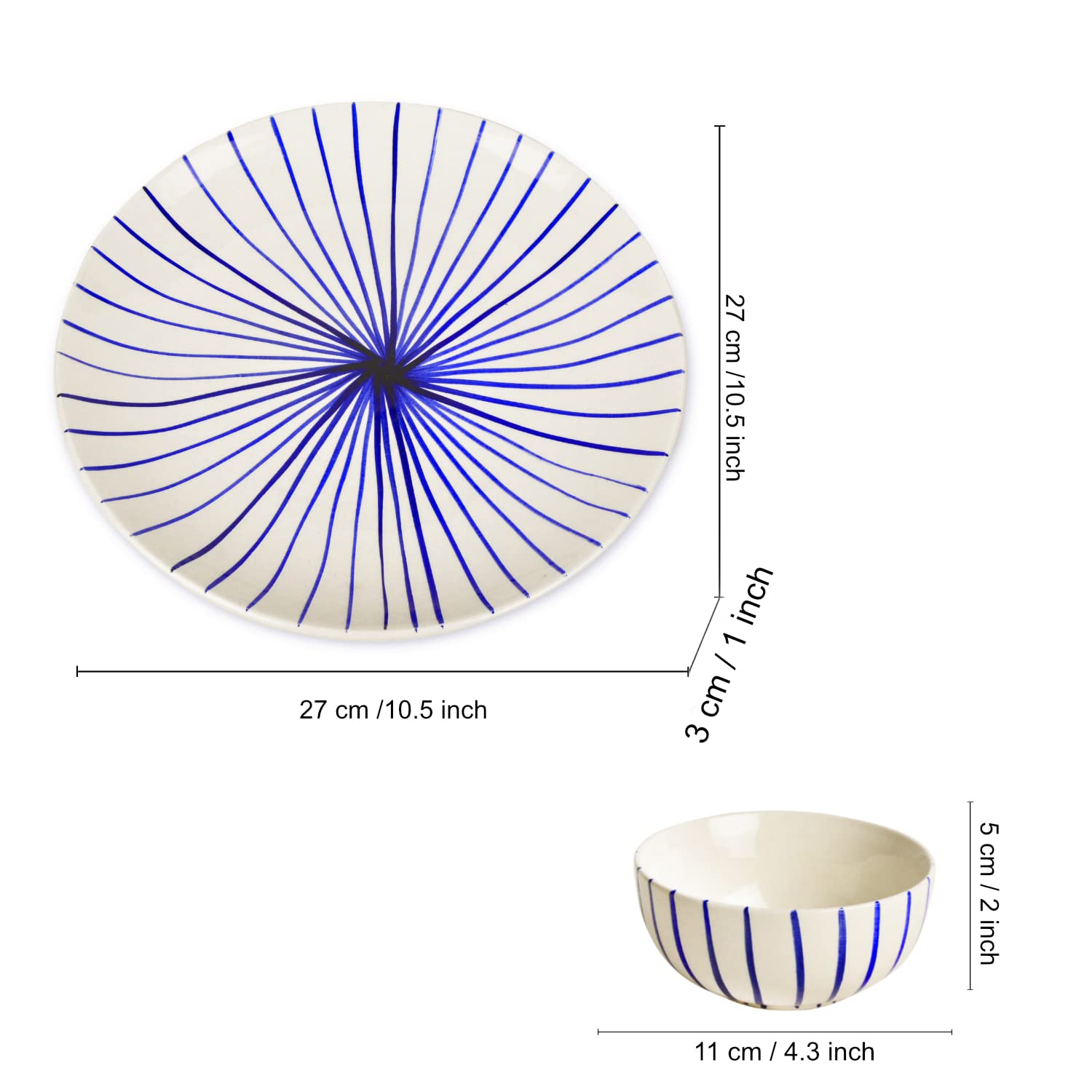 Ceramic Striped Dinner Serving 2 Plates With 2 Dinner Bowls Set Of 4 - White & Blue, Plate Diameter – 10 Inches | Plates & Bowls Set - Blue Kasa Line