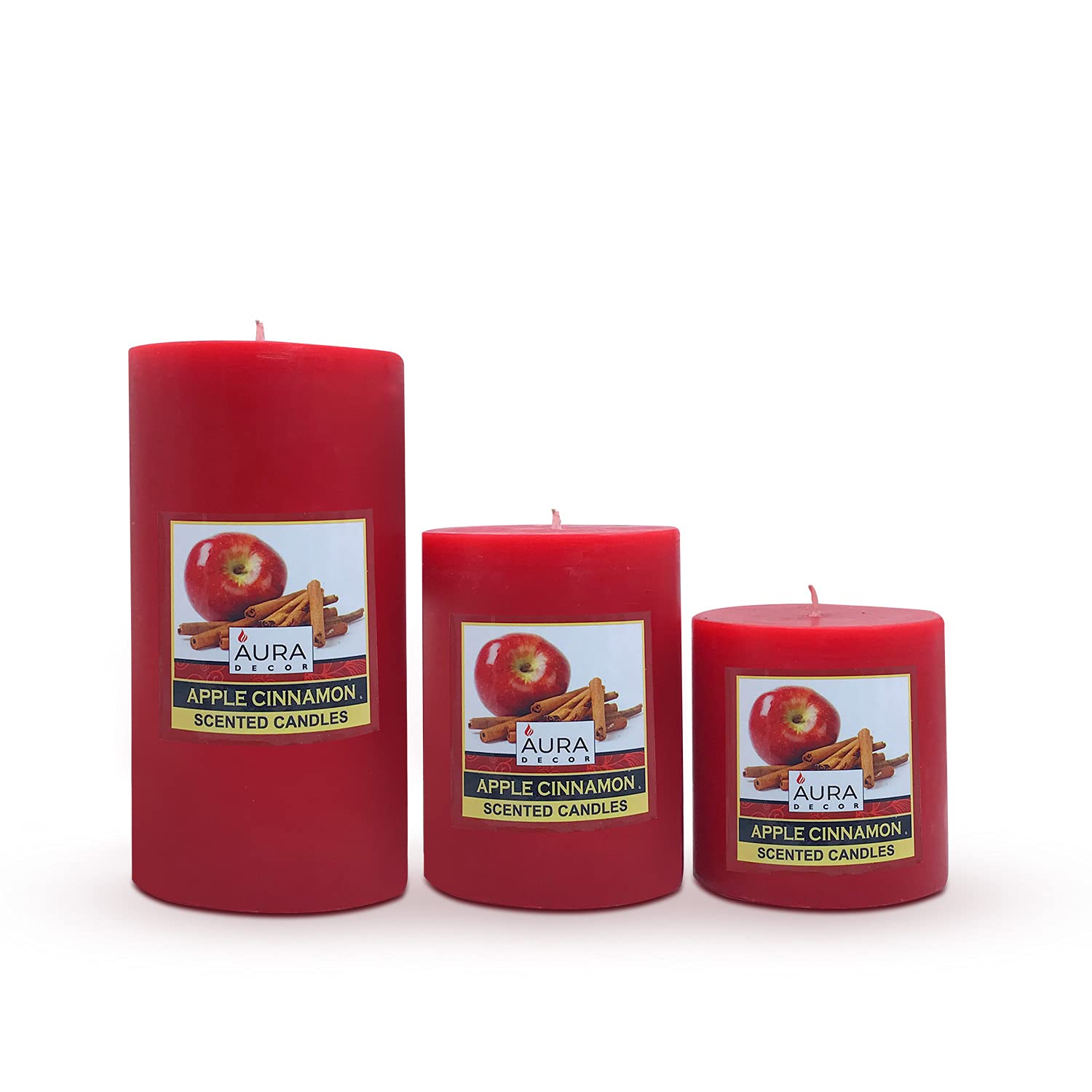 APPLE CINNAMON FRAGRANCE PILLAR CANDLE SET OF 3 | PERFECT FOR CANDLIGHT DINNER