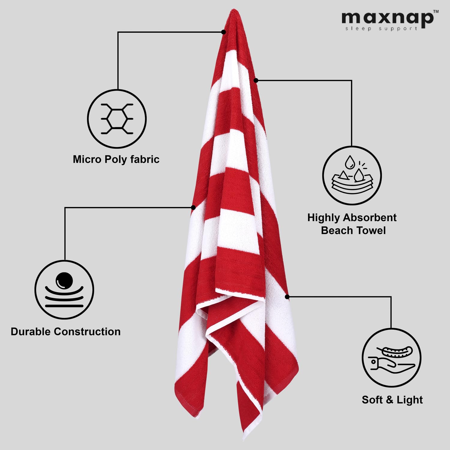 Maxnap Sunstripe Premium Cabana Striped Towel 600 Gsm | 100% Cotton, Soft & Quick-Dry Pool Towels - Set Of 2 (Red)