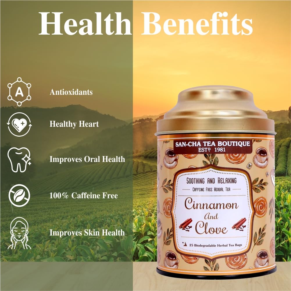 San-Cha Cinnamon & Clove Herbal Tea - 25 Biodegradable Pyramid Tea Bags | Soothing & Relaxing - Caffeine Free, Environment Friendly