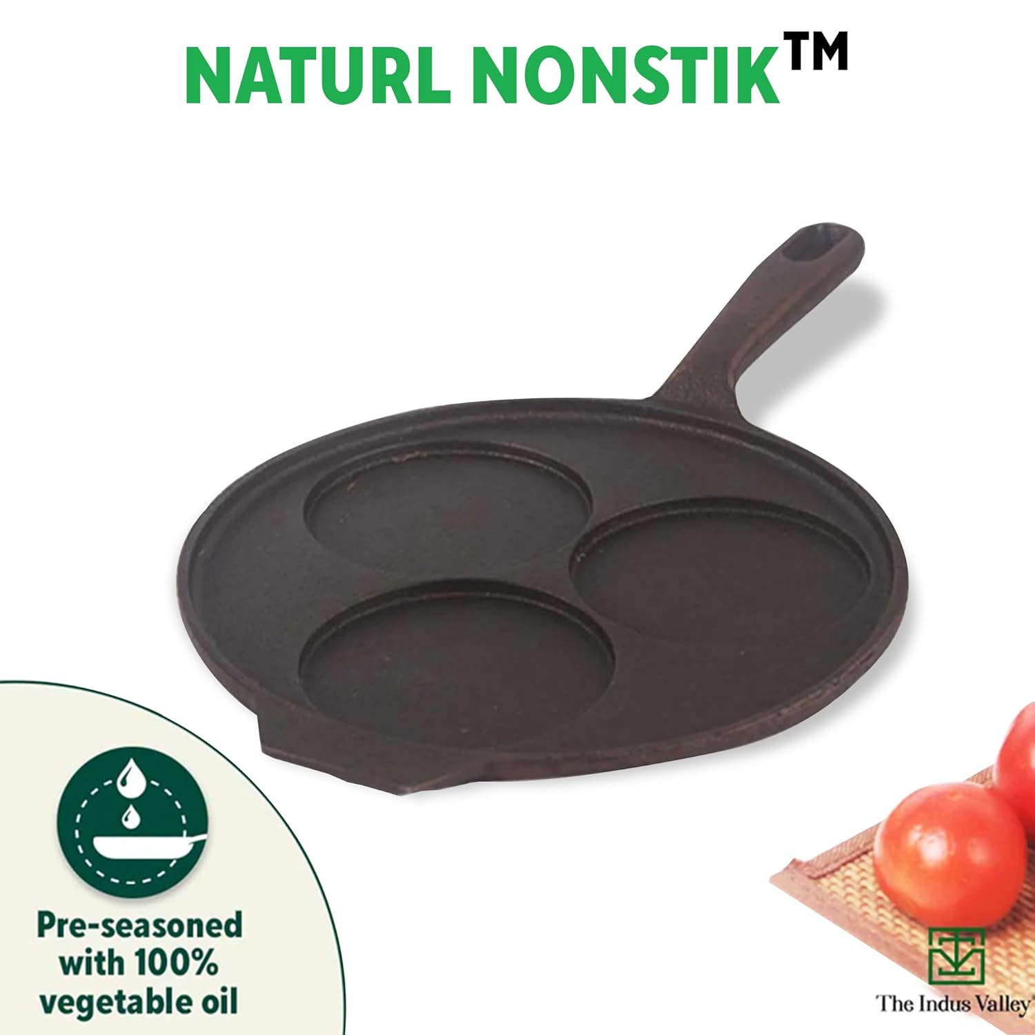 Pre-Seasoned Black Cast Iron Uttapam Tawa - 3 Pit, 23cm, 9 Inch, 1.6 Kg | Induction Friendly, Naturally Nonstick, 100% Pure & Toxin-Free, No Chemical Coating