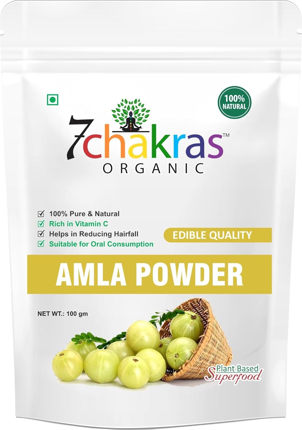 7 Chakras Organic Amla Powder, Amla Powder For Hair Nourishment, Repair Damage Hair & Skin Care, Amla Powder For Eating, 100% Pure & Organic Gooseberry | 100gm 0.2lbs