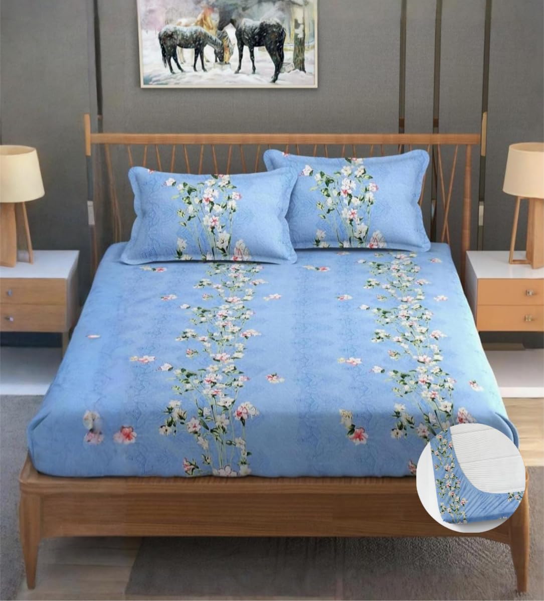 Double Bedsheet For Queen Size With Tow Pillow Cover - 72 X 72 Inches, Sky Blue | All Around Elastic Fitted Breathable & Durable, Soft Touch & Perfect For All Seasons