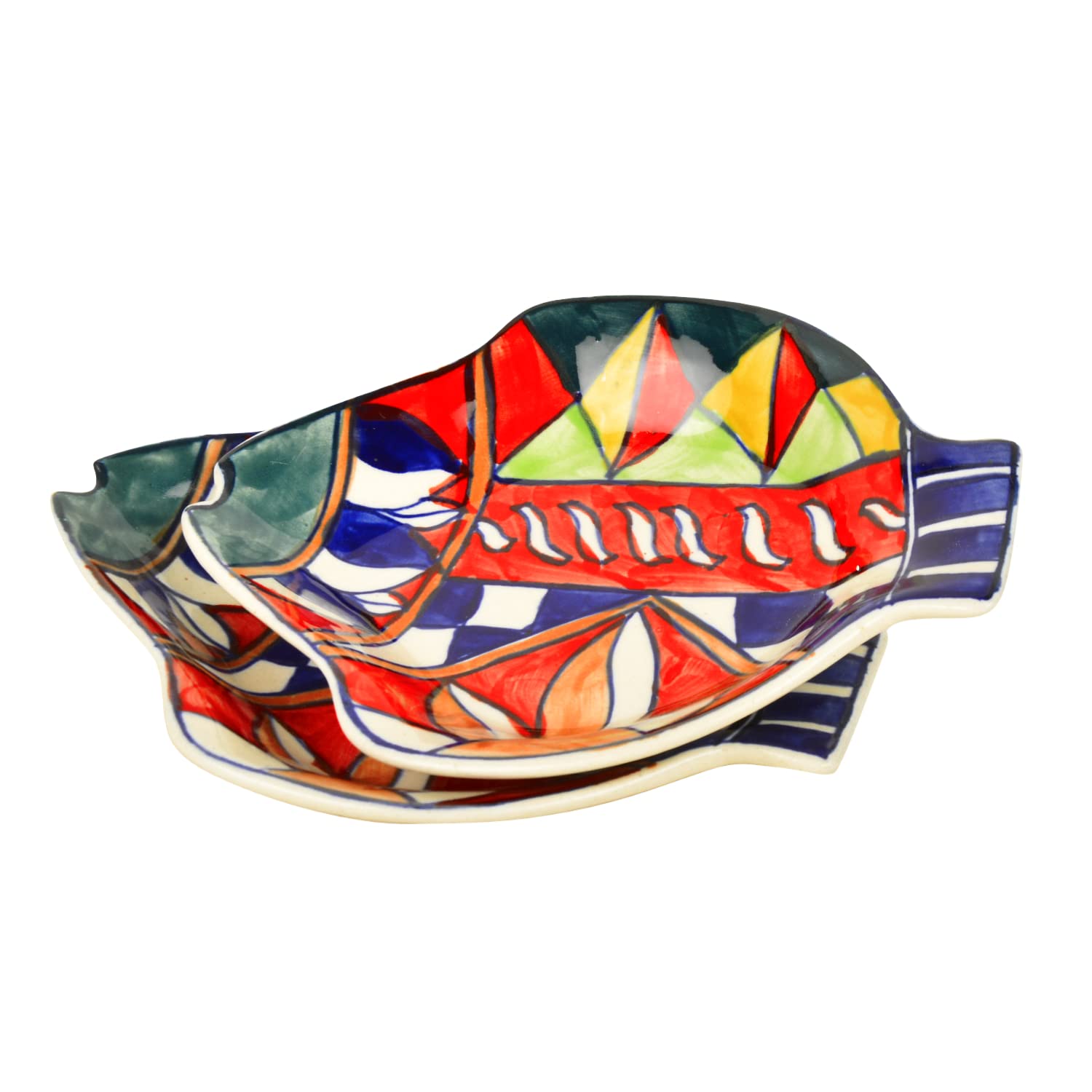 Premium Hand Painted Ceramic Fish Cut Snacks Serving Plates Set Of 2 - Multicolor, L X B – 18 Cm X 15 Cm | Starter Serving Platter Set - Dry Fruits Serving Plates