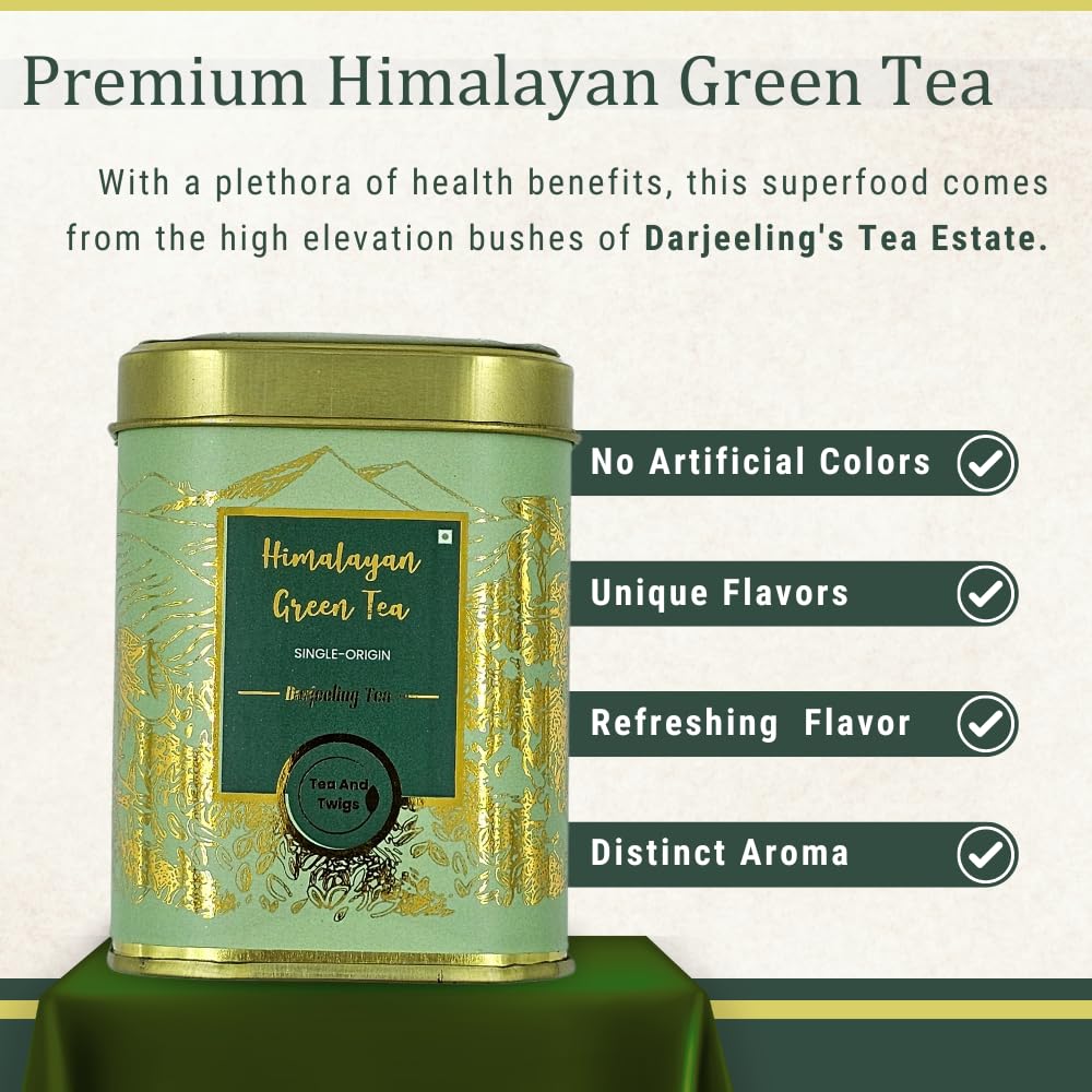 Tea And Twigs Himalayan Darjeeling Green Tea - 50gm, 1.7 Ounce | Rich In Antioxidants, Unique Flavors - Medium Caffeine, No Artificial Colors