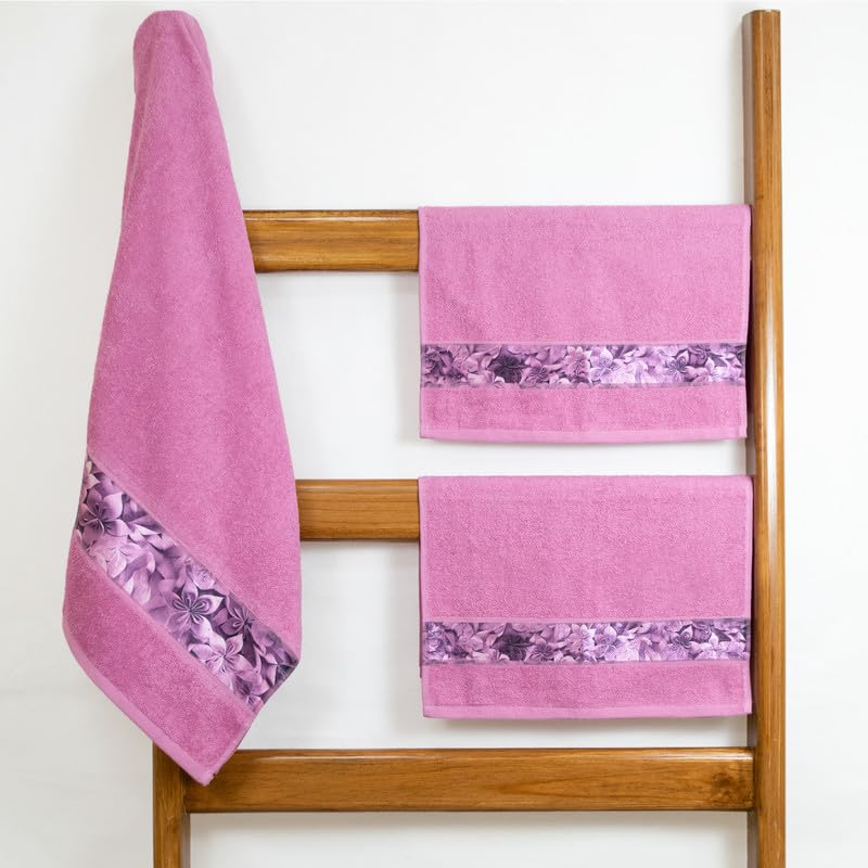 Rangoli 100% Cotton Fibre 1 Bath & 2 Hand Towels 900 Gsm | Highly Durable & Absorbent With Printed Border | Quick Drying Towels (Pink)