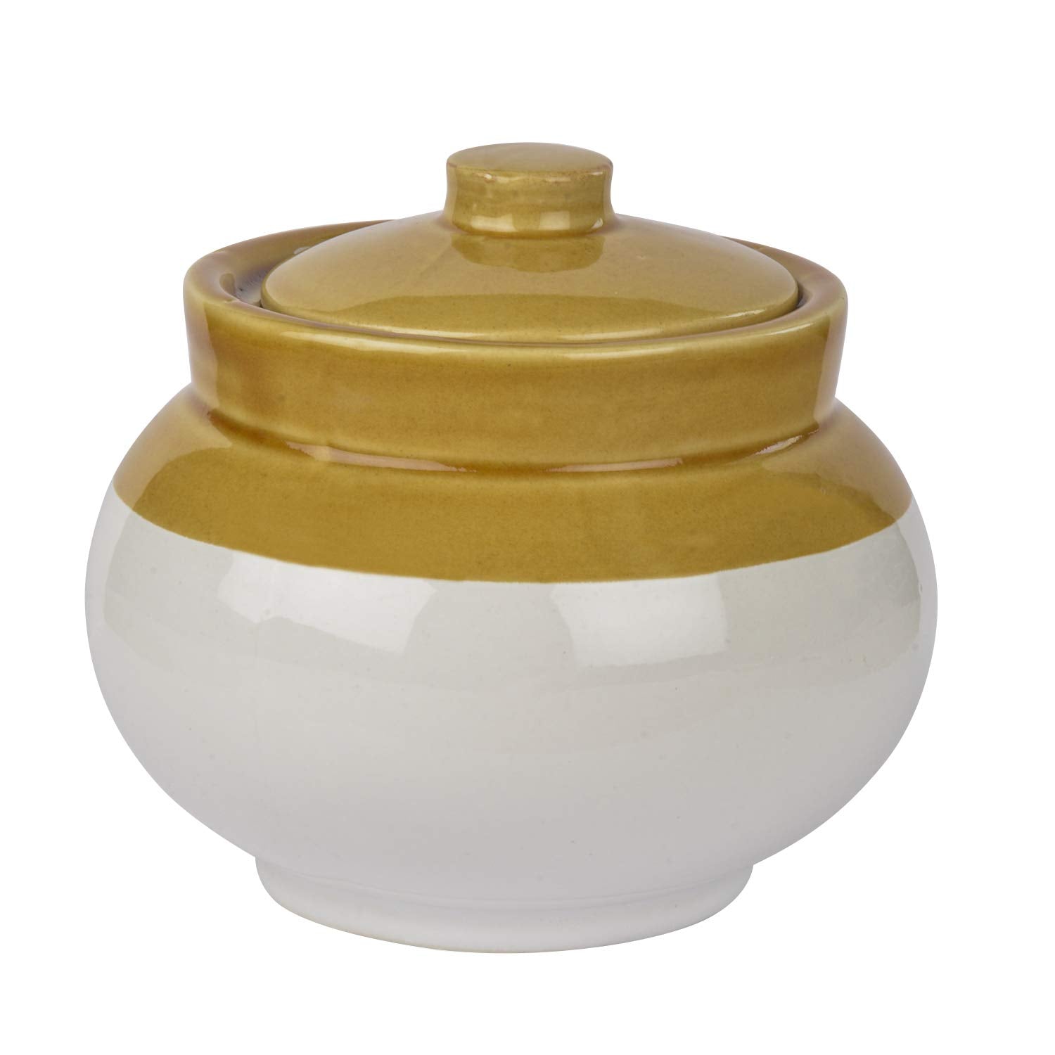 Hand Glazed Dual Tone Ceramic Round Jar (Burni) With Lid 1000ml - Sand Yellow & Off White | Ceramic Multi-Utility Storage Jar - Pickle Storage Jar