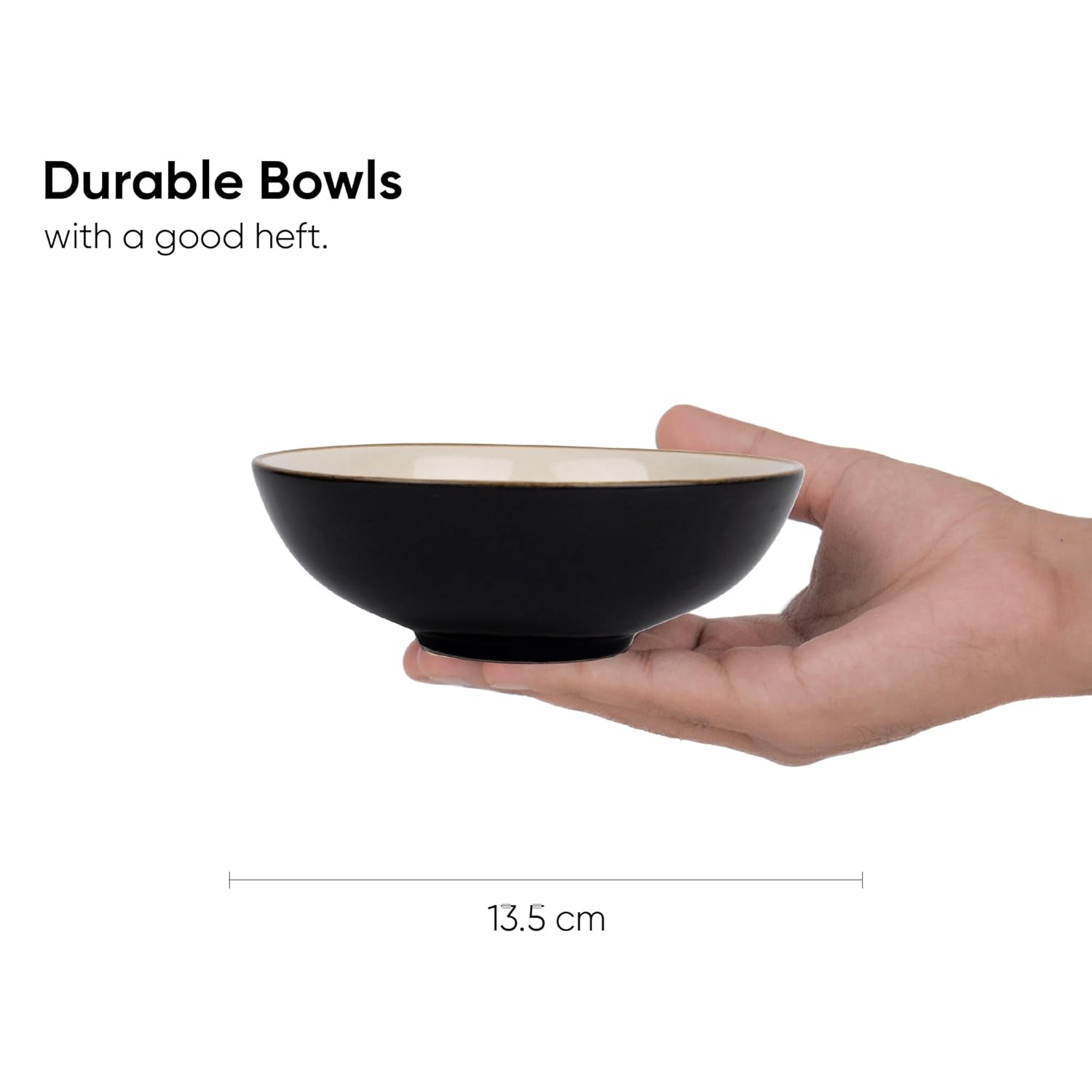 Ceramic Bowl Set Of 4 Pieces For Snacks - 13cm, Black Ivory | Dessert Bowl With Glossy Finish - Premium Stoneware | Microwave Safe Halwa Plates