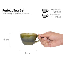 Ceramic Cup & Saucer Set Of 6 - Mehndi Ombre, 200ml Each Cup | Cup Saucer Set - 6 Cups + 6 Saucers | Tea Set With Glossy Finish - Ceramic Tea Cup & Saucer Set | Microwave & Dishwasher Safe