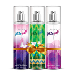 Layer'r Wottagirl Secret Crush + Spellbound + Amber Kiss Fragrant Body Splash Each 135ml 4.56 Fl.oz. | Combo Of 3