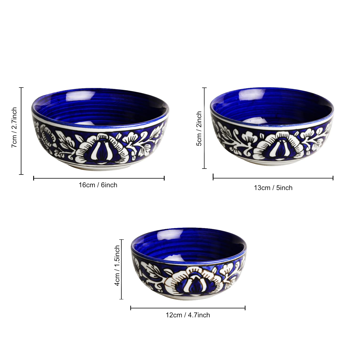 Studio Pottery Hand Painted Dinner Serving Bowl Set Of 3 - 650ml, 450ml & 250ml, Blue & White, Mughal Floral Painting | Dinner Serving Donga Set - Stackable Kitchen Bowl Set