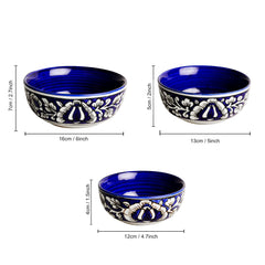 Studio Pottery Hand Painted Dinner Serving Bowl Set Of 3 - 650ml, 450ml & 250ml, Blue & White, Mughal Floral Painting | Dinner Serving Donga Set - Stackable Kitchen Bowl Set