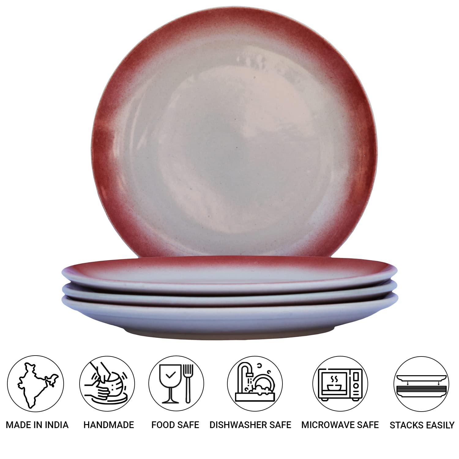 Ceramic Stoneware Serving Large Dinner Plates Set Of 4 - 10.6 Inch, Off White & Red | Scratch Resistant, Microwave Safe & Dishwasher Safe - Handcrafted Dinner Plates