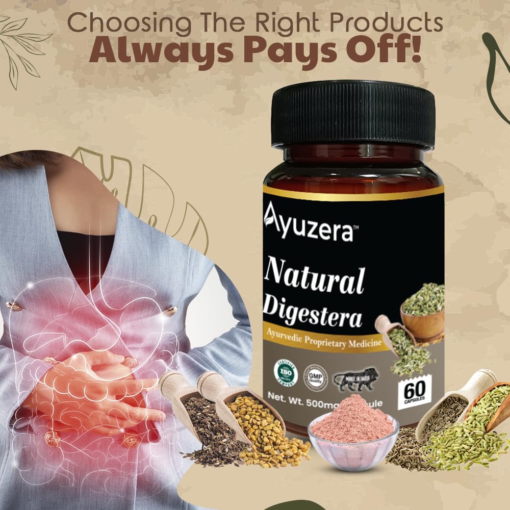Ayuzera Natural Digestera, Food Supplements, Ajwain Extract, Jeera Extract, Sounf Extract, Methi Extract, Kala Namak Extract | 60 Capsules, 100gm 0.2lbs