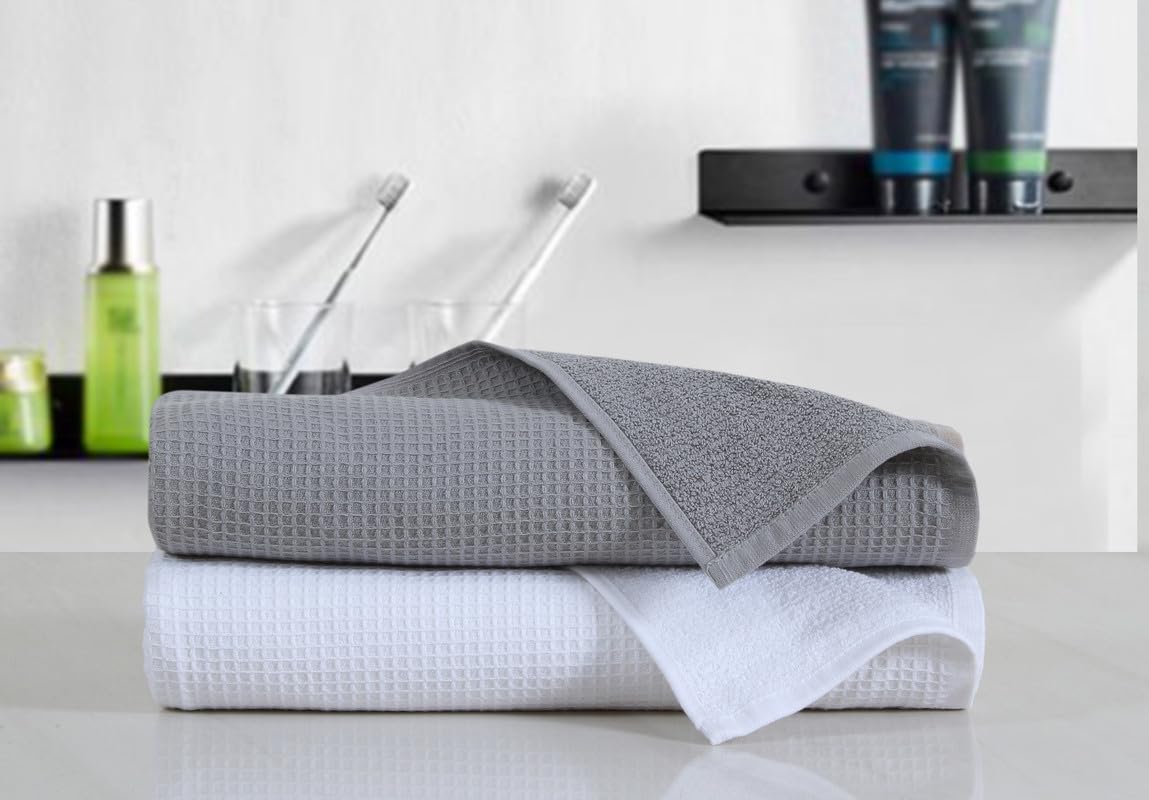Fash Home Waffle Terry Fusion Bath Towel 1000 Gsm | Full Large Size 100% Soft Cotton Super Luxurious Quick Absorbent Towel - White & Grey (Pack Of 2)
