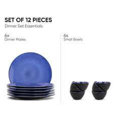 Ceramic Dinner Set Of 12 Pcs, Blue Reactive | Crockery Set For Dining Table - Dining Sets Crockery Items | Glossy Finish - 6 Dinner Plates+ 6 Veg Bowls, 220ml Each