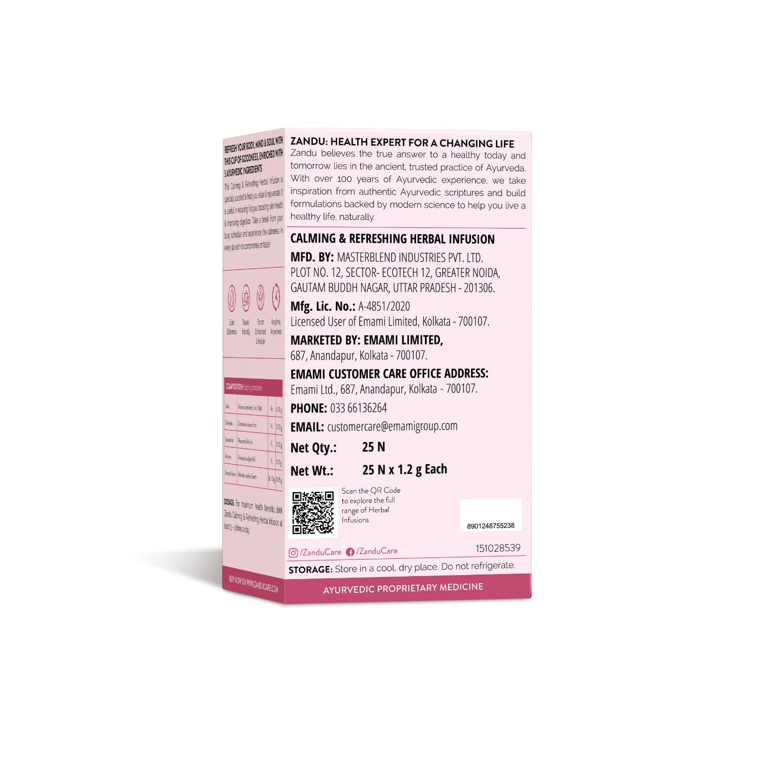 Zandu Calming & Refreshing Herbal Infusion Tea - 25 Tea Bags | 1st Ayurvedic Iced Herbal Tea With Taste & Health Benefits - Improves Skin Health | Caffeine Free
