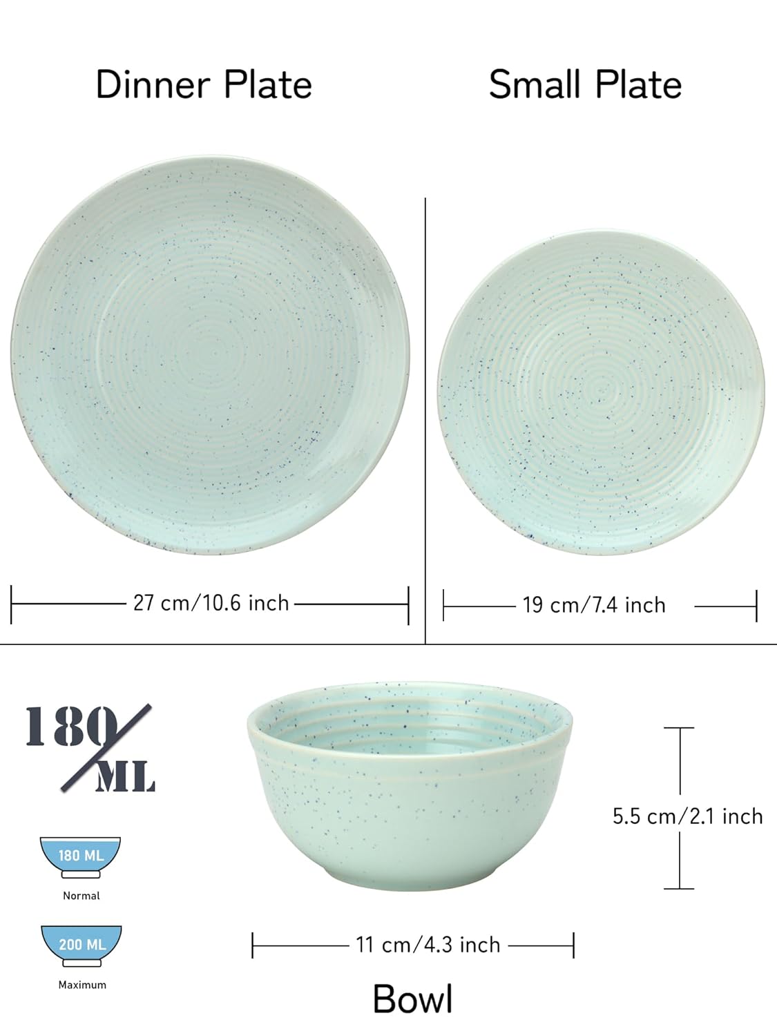 Handcrafted Ceramic Stoneware Dinner Set Of 18 Pcs - Mint Green | 6 Dinner Plates, 10.6 Inch Each + 6 Small Plates, 7.4 Inch Each + 6 Small Dinner Bowl, 180ml Each - Microwave & Dishwasher Safe